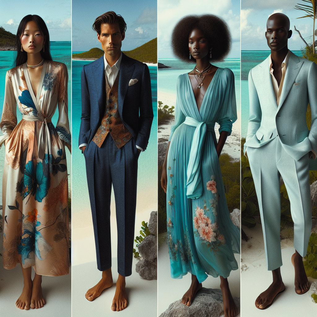 Cruise Style Guide: Must-Have Colors for Bahamas Funerals Imagine an image for a style guide. The focus is on fashion appropriate for a funeral in the Bahamas, a tropical environment with its distinctive color pallet. Picture a diversity of people, including an Asian woman wearing a somber but elegant floral print silk dress, a Middle-Eastern man in a crisp navy blue linen suit, a Black woman in a stylish turquoise chiffon ensemble, and a Caucasian man in a tastefully subtle pastel-colored button-down shirt and trousers. The scene is set against a backdrop of the serene Caribbean sea and lush vegetation. Each outfit subtly embraces the natural hues of the region despite the sober occasion.