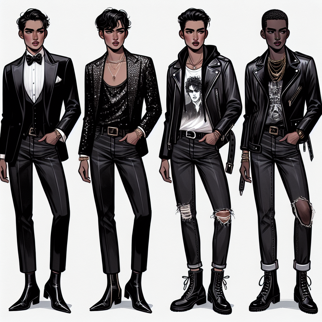 Visualize a fashion guide depicting four distinct night-out looks paired with black jeans. The first model, a Hispanic male, can be rocking a luxurious velvet blazer, a matching bow-tie, crisp white shirt, and black ankle boots. The second, an Asian female, might flaunt a sequined tank top, black leather jacket, killer heels and an edgy statement necklace. The third individual, a Middle-Eastern male, might opt for a rugged look with a vintage band T-shirt, a distressed denim jacket, and black combat boots. Lastly, an African female model could sport a glossy silk blouse, chunky cardigan, ankle boots and layered necklaces.