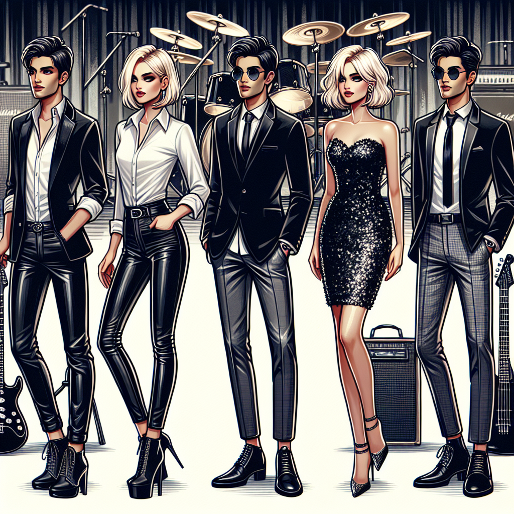 What to Wear to a Rock Orchestra: Chic, Must-See Guide Imagine a detailed guide composed of chic outfits suitable for a rock orchestra. It would showcase a pair of stylish and edgy black leather pants paired with a crisp, white blouse worn by a bleach blonde, Caucasian woman. Followed by another outfit that comprises a trendy South Asian man in a black velvet coat and neatly tailored grey trousers. Then, picture a classy black middle-eastern woman who's rocking a dazzling sequin mini dress paired with stiletto heels. All of them are standing beside each other, set against the backdrop of a rock orchestra stage filled with musical instruments.