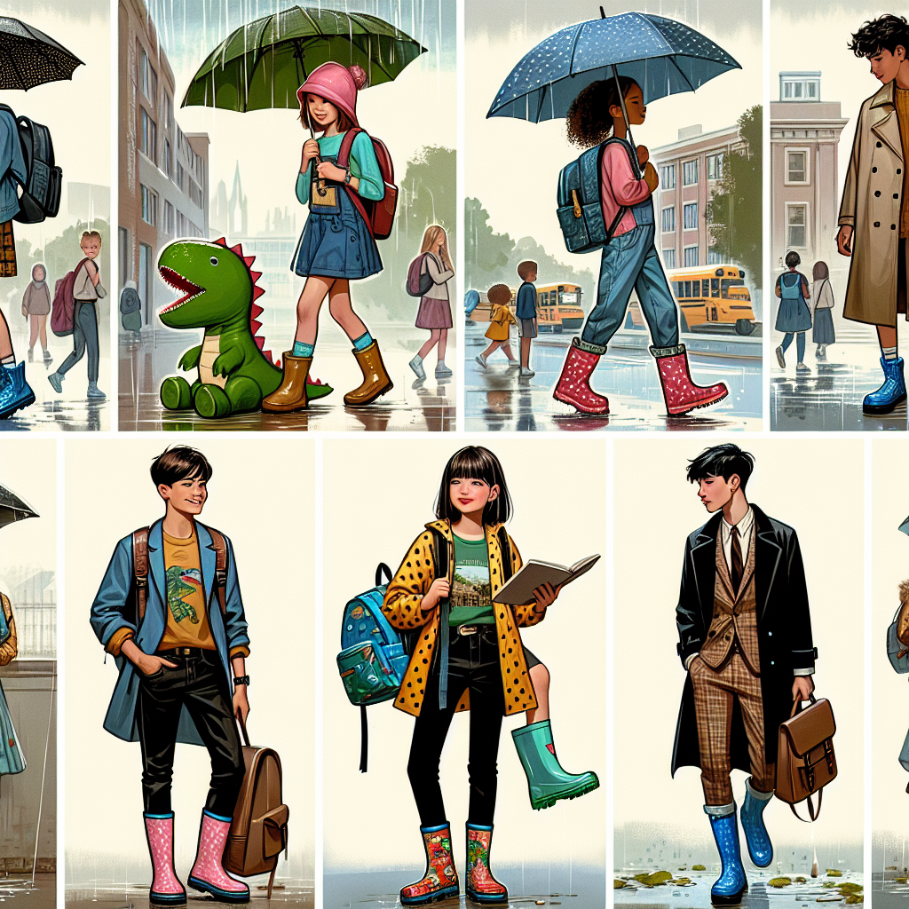 Rainy Day School Style: Effortless, Must-Have Looks A depiction of students of various age groups and different descents showcasing their school style on a rainy day. Highlight a South Asian teenage girl in stylish water-resistant clothing, an eco-friendly umbrella held above her, and waterproof backpack slung over her shoulder. In another frame, depict a Black boy toddling to kindergarten in a cute dinosaur-themed raincoat and matching boots. Also, visualize an Asian teenage boy looking stylishly geek with a trench coat and book in hand, and a Middle Eastern young girl skipping around in a bright polka-dotted raincoat with matching rain boots. Each scene should show them on a school campus during a drizzly day.