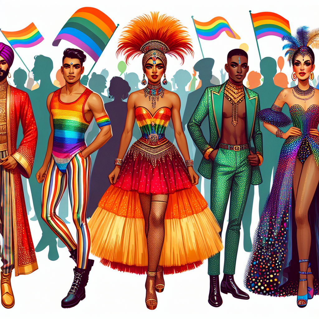 Stunning Outfits for Pride Parade: Find Your Perfect Match! Imagine the bustling scene of a vibrant Pride Parade. Display a variety of stunning outfits representing different styles and colors of the rainbow. Show a South Asian man in a brilliant red sari, embellished with sequins. Depict an Hispanic woman wearing a flamboyant orange tutu paired with a striped tank top. Picture a Middle-Eastern individual in a striking green jumpsuit adorned with pride symbols. Include a Black woman in an extravagant purple ball gown and feathered hat. Lastly, envision a Caucasian man in a captivating blue suit decorated with multi-colored polka dots. Each outfit reflects the individual's personality, making each one a perfect match for their lively spirit and the upbeat atmosphere of the parade.