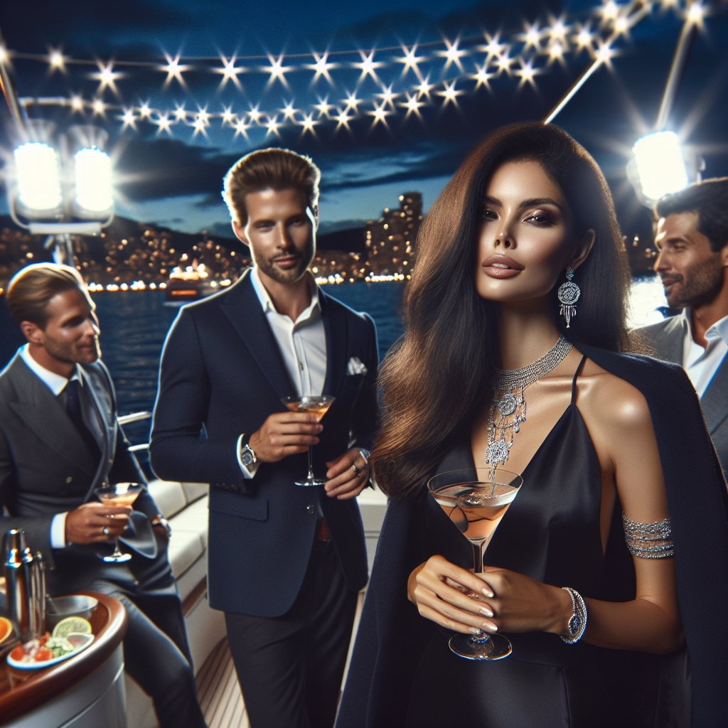 What to Wear on a Yacht Party: Stunning Night Looks Imagine a scene on a luxury yacht where a party is taking place in the evening. Several well-dressed individuals are seen socializing. A woman with a Hispanic descent is wearing an elegant black dress accessorized with silver jewellery, and a man of Middle-Eastern descent sports a navy blazer with a crisp white shirt. Spotlights softly illuminating the scene, stars twinkling in the night sky, with cocktails in hands and the reflection of city lights on the water. Everyone radiates sophistication and style, fitting for a high-end yacht party.