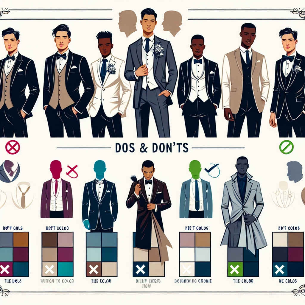 Stunning Wedding Wear: Colors Men Should Avoid An informative graphic illustrating different types of male wedding attire in a variety of colours, with several of them crossed out or marked with a 'no' symbol to indicate colors to avoid. It includes an elegant Asian man in a stylish suit, an energetic African man in a traditional African groom outfit, and a graceful Caucasian man in a classic tuxedo. Include a color palette at the bottom corner with colors that are considered inappropriate for a wedding context. Also include stylish texts with tips on the dos and don'ts of men's wedding wear.