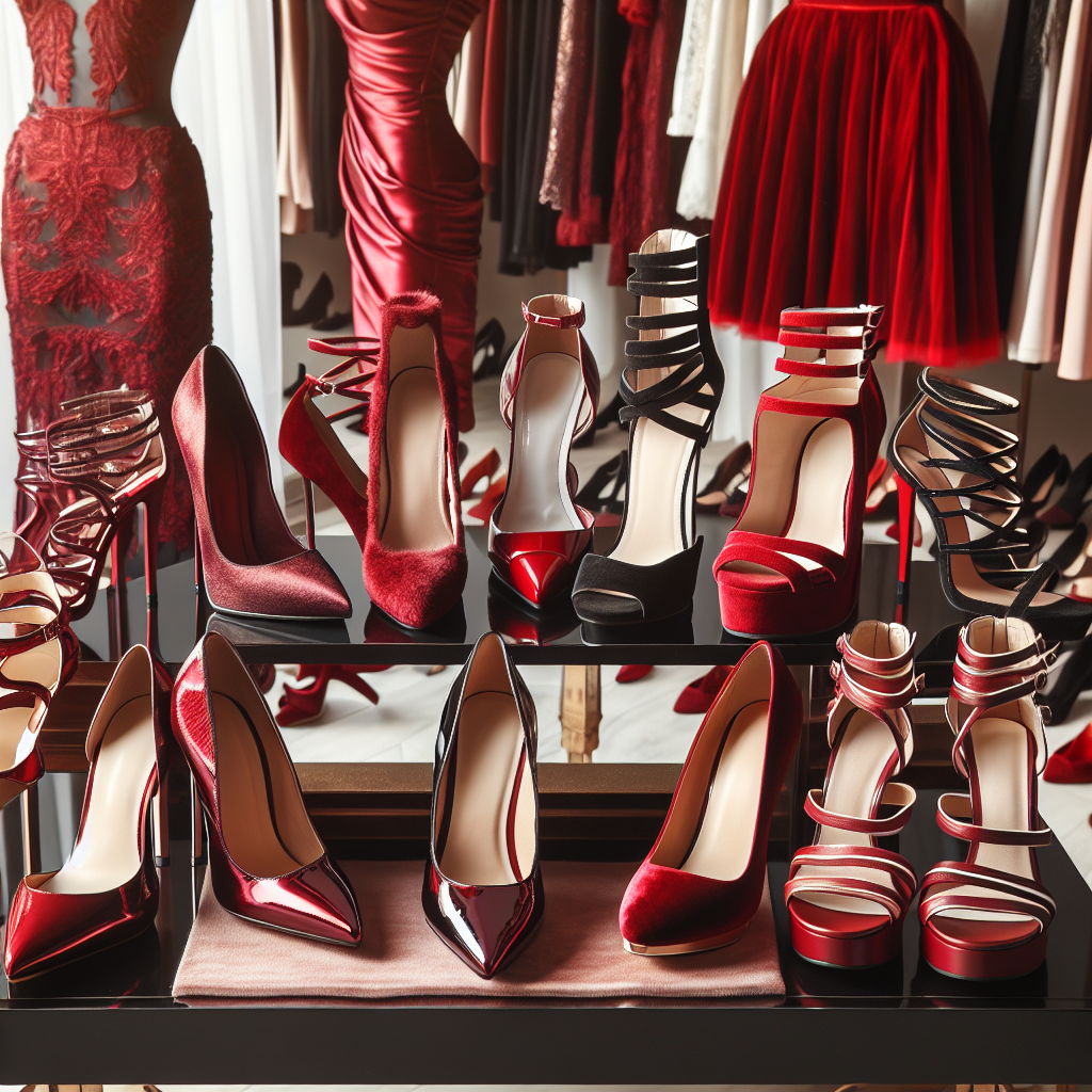 Stunning Heels to Match Your Red Dress: Best Picks A collection of various high-heeled shoes in an array of styles and designs displayed on an elegant stand. Among them, the highlights are a pair of stunning patent leather stiletto heels, a pair of velvet platform heels, and a pair of strappy gladiator heels, all in rich, matching shades of red. These shoes are specifically chosen to complement a sophisticated, crimson red evening dress which is draped on a stylish mannequin nearby. The arrangement is set against a chic, boutique-style backdrop.