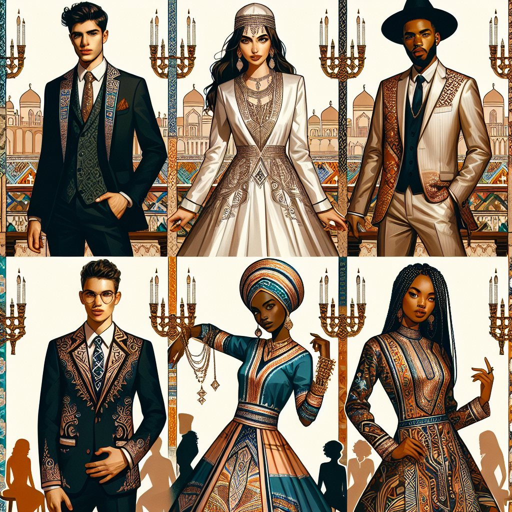 Stunning Outfits for Passover Seder: Discover the Best Create an image showcasing a variety of stunning outfits for a Passover Seder. This should include five people, each of different descents: one Middle-Eastern woman gracefully dressed in a smart formal outfit adapted for the holiday's customs, one Hispanic man donning an elegant outfit highlighting his cultural heritage, one South Asian woman wearing a fusion outfit combining traditional Southeast Asian garments and Seder symbols, one Caucasian man wearing a stylish and modern suit embellished with Passover motifs, and a Black woman captivates in an elaborate, traditional African dress adjusted for the Passover event.