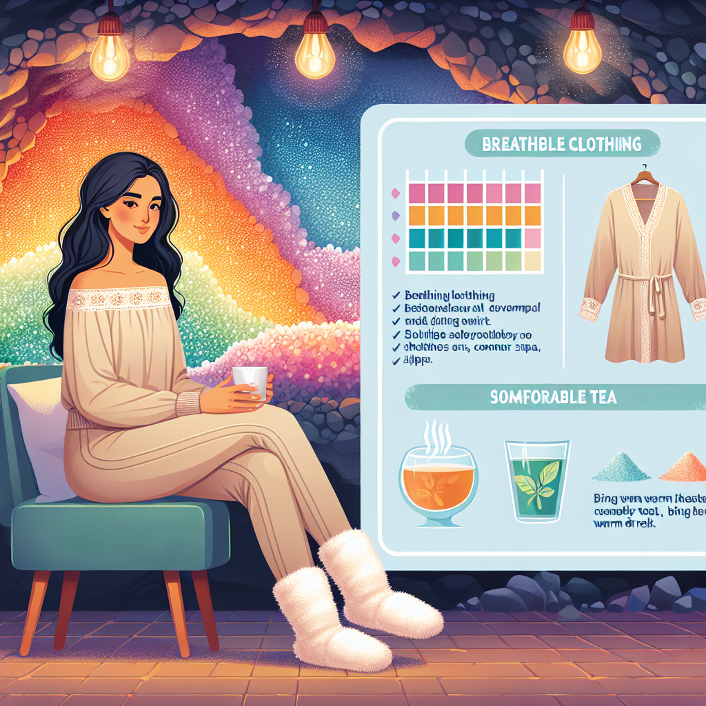 Illustrate an image of a serene salt cave spa environment. It should feature multi-colored, glowing salt crystals on the walls and a soft, dimly lit atmosphere. A South Asian woman should be comfortably seated on a plush chair, adorned in breathable spa attire that includes a lightweight tunic and comfortable leggings. She is wearing warm, fuzzy spa slippers and holding a glass of soothing herbal tea in her hands. Also, show a helpful infographic on one side that highlights the key takeaways from the article - breathable clothing, comfortable footwear, and bringing a warm drink.