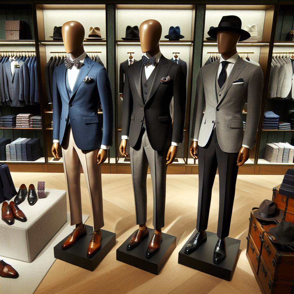 Must-Have Men’s Wedding Guest Attire Essentials Envision a men's fashion store display featuring wedding guest attire essentials. In the foreground, three mannequins of different descent - Caucasian, Black and Middle-Eastern - are set up. The first one is elegantly dressed in a sharp blue blazer matched with well-pressed khaki trousers, the second one is wearing a charcoal grey three-piece suit and the final mannequin is adorning a classic black tuxedo with a bow tie. Each outfit is complemented with leather oxford shoes, cufflinks and a pocket square. On a shelf behind them, tastefully arranged are ties of various patterns and colors, stylish fedoras and leather belts.