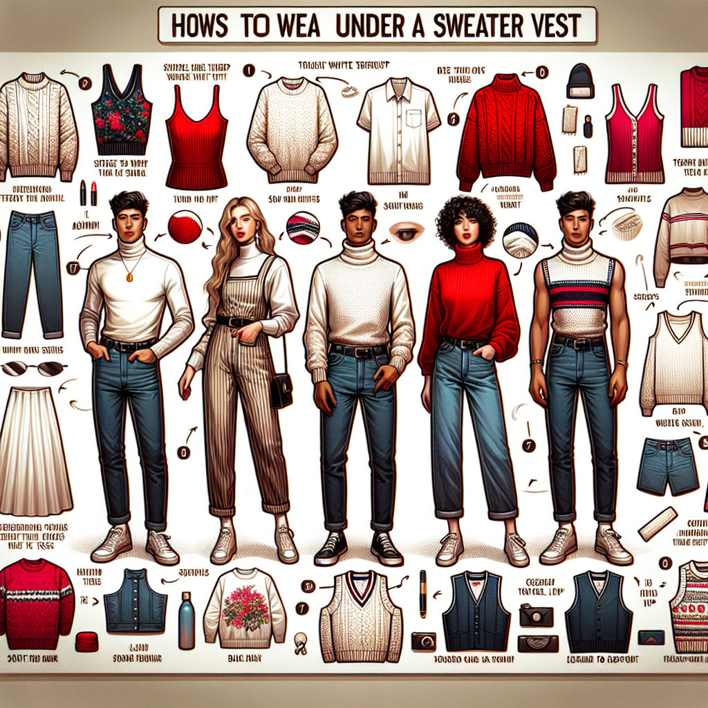 What to Wear Under a Sweater Vest: Must-Have Tips A highly detailed fashion guide spread showcasing different clothing items to wear under a sweater vest, aimed at illustrating must-have tips. The layout should include an array of trendy shirts for both genders including a classic white button-up worn by a Caucasian male, a vibrant red turtleneck presented on a Black female, a casual striped t-shirt on a South Asian man, and a flowy floral blouse on a Hispanic woman. Each outfit should be paired with a complementing sweater vest. There should be stylish accessories, annotations, and labels providing essential dressing tips.