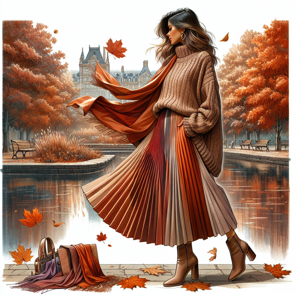 Create a detailed image showcasing a fashionable autumnal scene. In the foreground, depict a South Asian woman donning trendy, effortless fall attire - a cozy oversized sweater, a pleated midi skirt, ankle boots, and a silk scarf waving gently in the cool breeze. Her attire color palette is inspired by the fall season, with shades like burnt orange, deep browns, maroons, and golds. In the background, paint a scenic urban park that's colored with fall foliage. There are leaves of varying shades of red, orange and yellow, falling gently to the ground. The scene conveys the energy and charm of an ideal fall day.