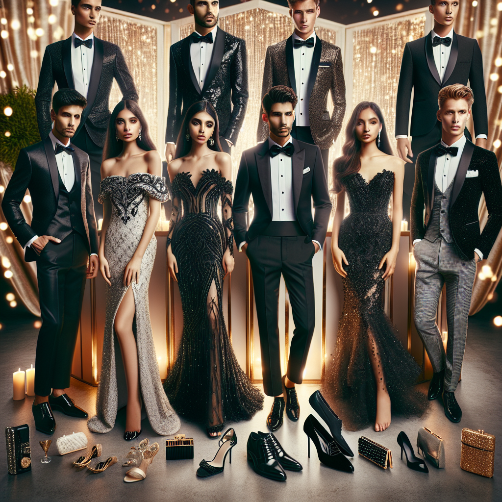 A sophisticated and high-resolution image showcasing a collection of Black Tie attire fitting for a Bat Mitzvah celebration. The display should consist of stylish tuxedos with bow ties, elegant gowns detailed with beadwork and various accessories including shoes and clutch purses. Diversely, include a Middle-Eastern man in a sleek, black tuxedo with a shiny lapel, a Hispanic woman in a floor-length, off-the-shoulder gown with intricate beadwork, a South Asian woman in a form-fitting dress complemented by high-heels, and a Caucasian man in a three-piece suit complete with a vest and a well-knotted bow tie. A bright and festive backdrop, reflecting the spirit of the Bat Mitzvah, should surround the attendees.