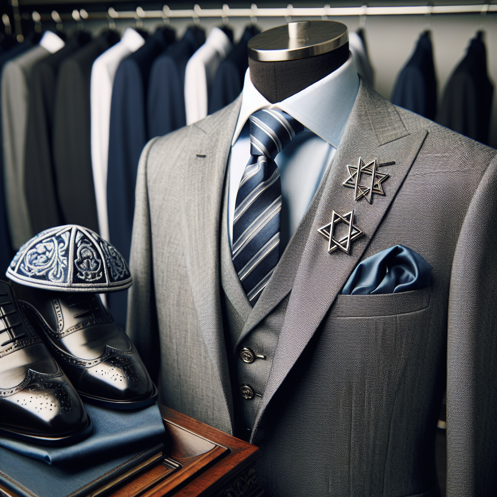 Stunning Bar Mitzvah Outfits: Effortless Style Guide A detailed image of a stylish Bar Mitzvah outfit display. In the center, a finely tailored silver grey three-piece suit with a light blue shirt underneath. The tie is striped, featuring hues of blue and silver. On one side, a polished black leather shoe is displayed, along with a silver Star of David cufflink. Across is a silk navy blue Kippah adorned with intricate embroidery. The setting around these items gives the impression of a high-end boutique with organized racks of similarly elegant formal wear in the muted background.