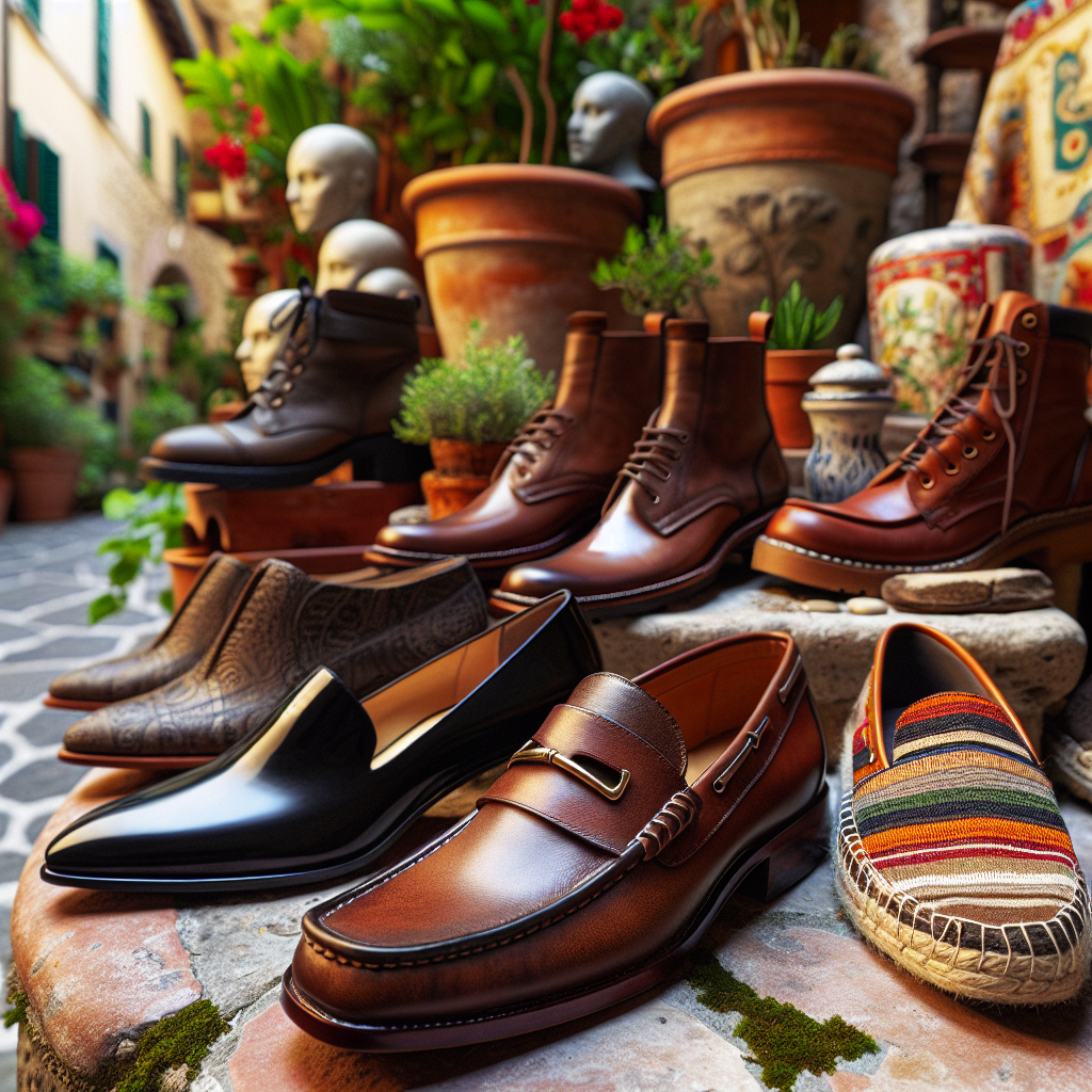 Stunning Italy Shoe Guide: Dress Like a Local! An aesthetic display of various types of shoes arranged in vibrant Italian style. A pair of meticulously crafted brown leather loafers in the foreground, recognized as a staple of Italian fashion. Nearby, a pair of polished black stilettos, a testament to chic elegance. In the background, distinctive hiking boots hint at the country's scenic mountain trails. Tucked to the side, colorful espadrilles embody the coastal casual vibe. The setting is a charming and rustic Italian cobblestone street, adorned with flourishing green plants in aged terracotta pots, under the warm Mediterranean light.