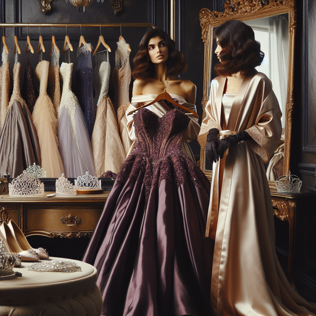 What to Wear in a Ball: Stunning, Effortless Choices Create an elegant and detailed scene in a luxurious dressing room. Include a wide vintage mirror reflecting an assortment of ball gowns hanging, each of exquisite and varied design. Display a table beside the mirror featuring accessories like gloves, tiaras, and elegant shoes. Have a South Asian woman with medium-length wavy hair, draped in a elegant satin robe, standing in front of the mirror, holding a glorious dark purple ball gown in one hand and a shimmering silver one in the other, looking thoughtful. Showcase the anticipation and excitement of getting dressed for a ball.