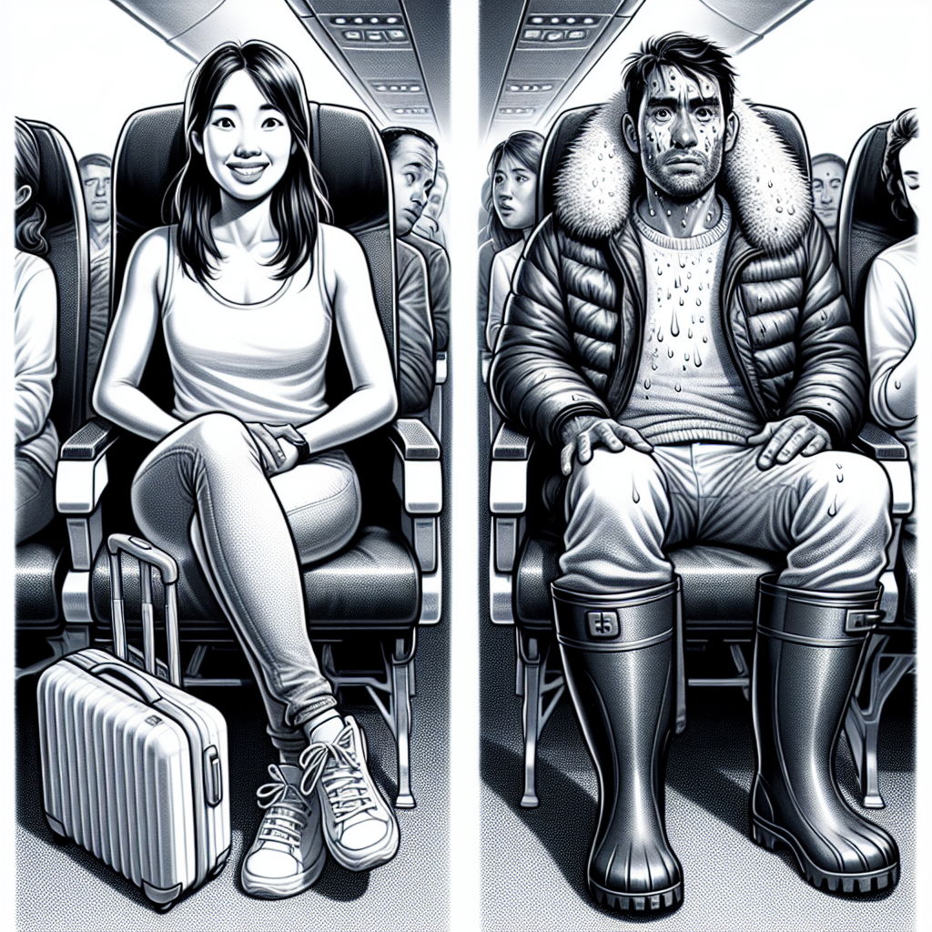 Illustrate an image that depicts a scene happening inside an airplane. This scene should include passengers of different descents and genders. For instance, a South Asian female and Hispanic male might be sitting next to each other. The South Asian female might be wearing suitable travel attire &ndash; comfortable sneakers, light-weight jacket, and a pair of jeans, while the Hispanic male is wearing a heavy coat, tall rubber boots, and is holding a bulky metal suitcase on his lap, sweat beads forming on his forehead. Capture the contrast between their comfort level conspicuously, showcasing the advised vs. ill-advised clothing to wear on a plane trip.