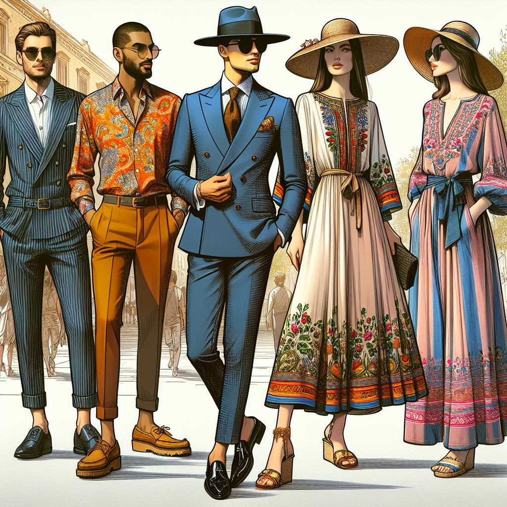 Stunning Good Friday Outfits: Find Your Perfect Match Visualize the street fashion scene on Good Friday with multiple individuals flaunting their best outfits. Picture a scene where there's a tall South Asian man adorned in a sleek, navy-blue, Italian-cut suit with stylish, shiny black brogues. Close by, imagine a Middle-Eastern woman who stands out in her beautifully embroidered knee-length dress, accessorized with tastefully chosen rose gold jewelry. Meanwhile, a Black man can be seen sporting a casual vibrant printed shirt paired with chinos and moccasins and a Caucasian woman elegantly dressed in a pastel flowing maxi dress accessorized with a straw hat and wedge sandals. The background radiates a warm spring vibe.