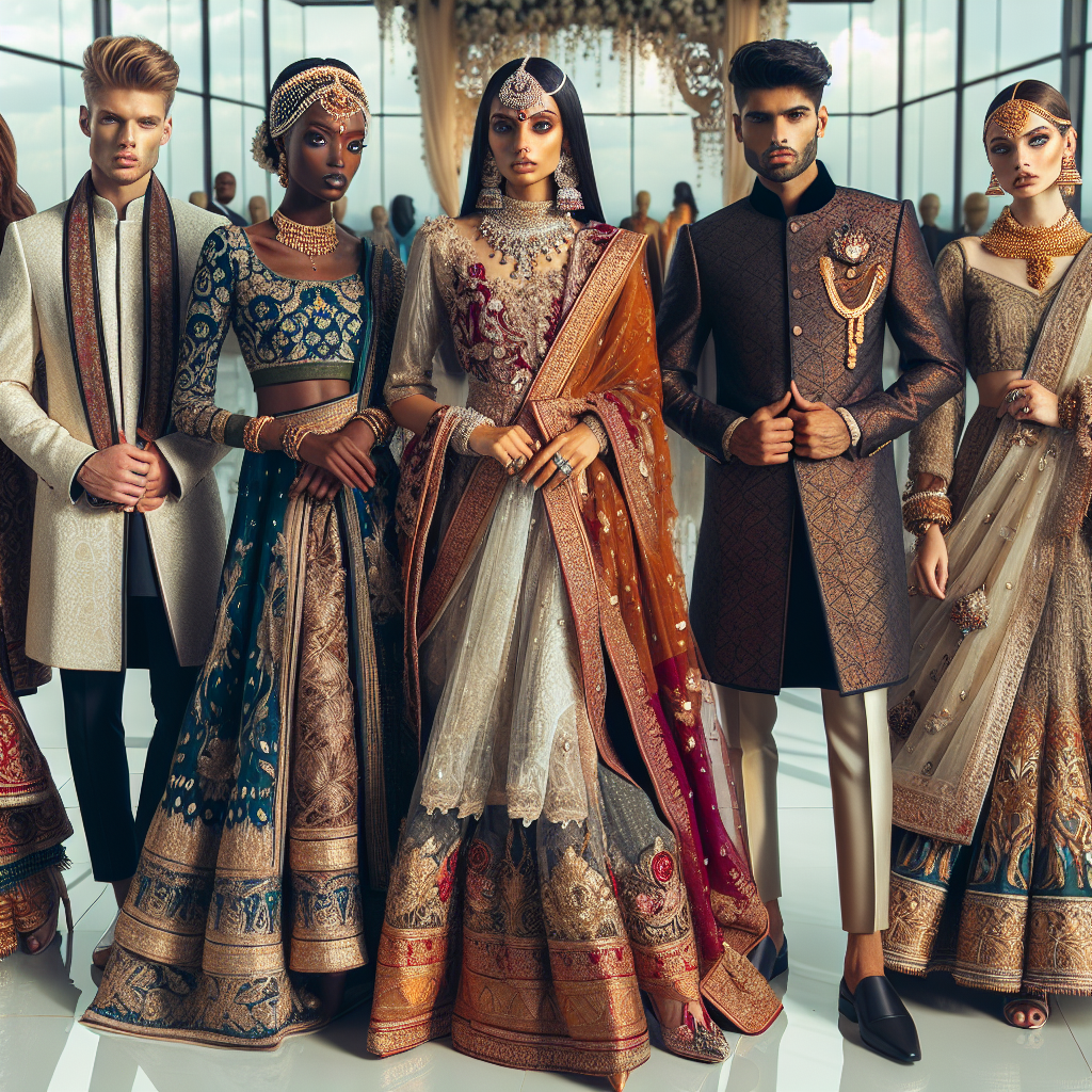Stunning Outfits for Roka Guests: Must-See Styles A diverse group of roka ceremony guests exhibiting must-see stunning and elegant styles. A Caucasian man is dressed in a fashion-forward sherwani, a Black woman wearing an opulent sari, a Middle-Eastern woman in a trendy lehenga set, an Asian man in a classic kurta ensemble, and a South Asian woman in a stylish Anarkali suit. Their outfits are rich in vibrant, jewel-toned colors and intricate embroideries, done on luxurious fabrics. The display also showcases splendid accessories like kundan jewellery, embroidered juttis, and traditional turbans, adding to the cultural richness and grandeur of the event.