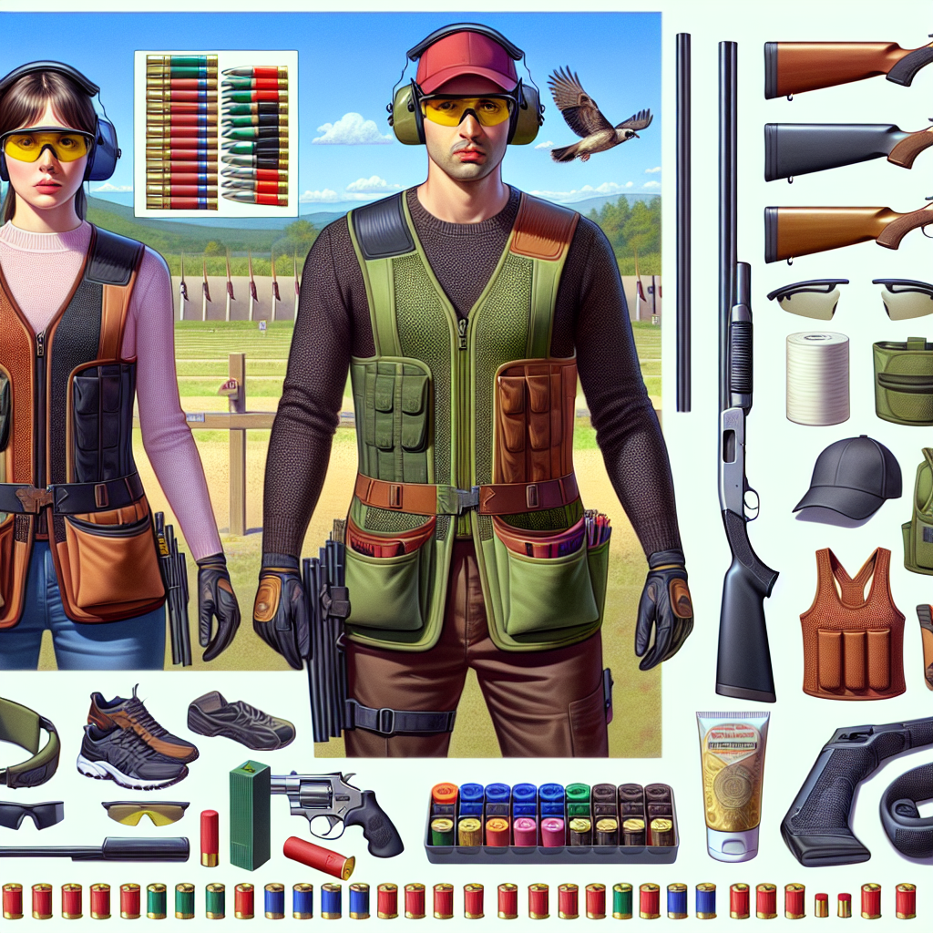 Imagine a detailed and color-rich image that shows the must-have gear necessary for a skeet shoot. Picture a Caucasian woman wearing a padded shooting vest, protective eyewear, and over-the-ear noise-reducing headphones. Next to her, a Middle-Eastern man is equipped in a similar manner but with a different color vest and hat to shield from the sun. Both have shotguns safely sep by their side with emphasis on the safety catches being engaged. Kneeling next to them, an Asian woman showcases a variety of shotgun shells, safety gloves, and comfortable shooting shoes. The background is a shooting range under a clear sky.