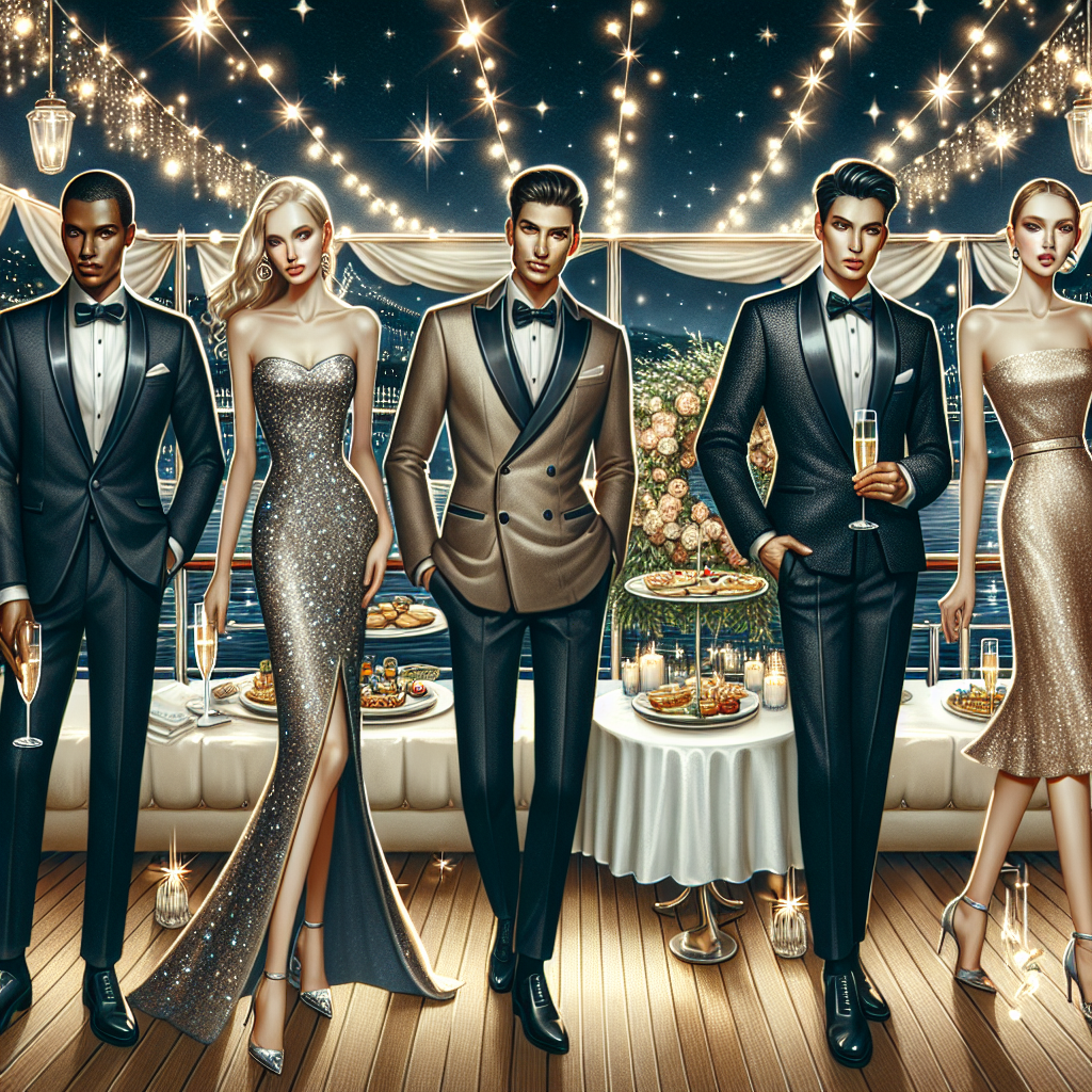 Fashion display set on an exquisitely decorated boat sailing under the starlit night sky. Depict various elegant party outfits designed to impress. Show a Black man in a sleek tuxedo, a Caucasian woman in a shimmering cocktail dress, a Hispanic man in a stylish suit, and a South Asian woman in a sophisticated jumpsuit. Include details such as twinkling fairy lights, glasses of champagne, and beautifully arranged hors d'oeuvres on tables. Convey the atmosphere of luxury, glamour, and festive celebration.