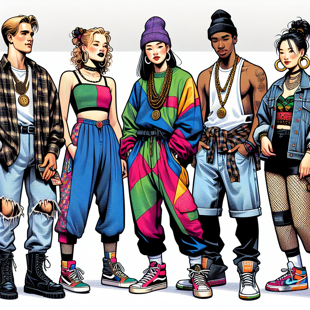 Must-Have Looks for a 90s Party: Style Effortlessly A visual illustration revolving around 90s fashion style, portraying four individuals dressed in typical 90s attire. On the far left, a Caucasian male dons a grunge look with a flannel shirt, ripped jeans, and a pair of black combat boots. Next to him, a Black female exhibits hip-hop fashion with a colorful tracksuit, chunky earrings, and classic sneakers. In the middle, a Hispanic male is sporting baggy jeans, an oversized t-shirt, and a beanie to add flair to the skateboard culture. Lastly, a South Asian female on the far right showcases pop culture with a denim jacket, high waisted shorts, a cropped tank top, a pair of hoop earrings, and platform shoes. The background is a lively party scene capturing the spirit of the 90s.
