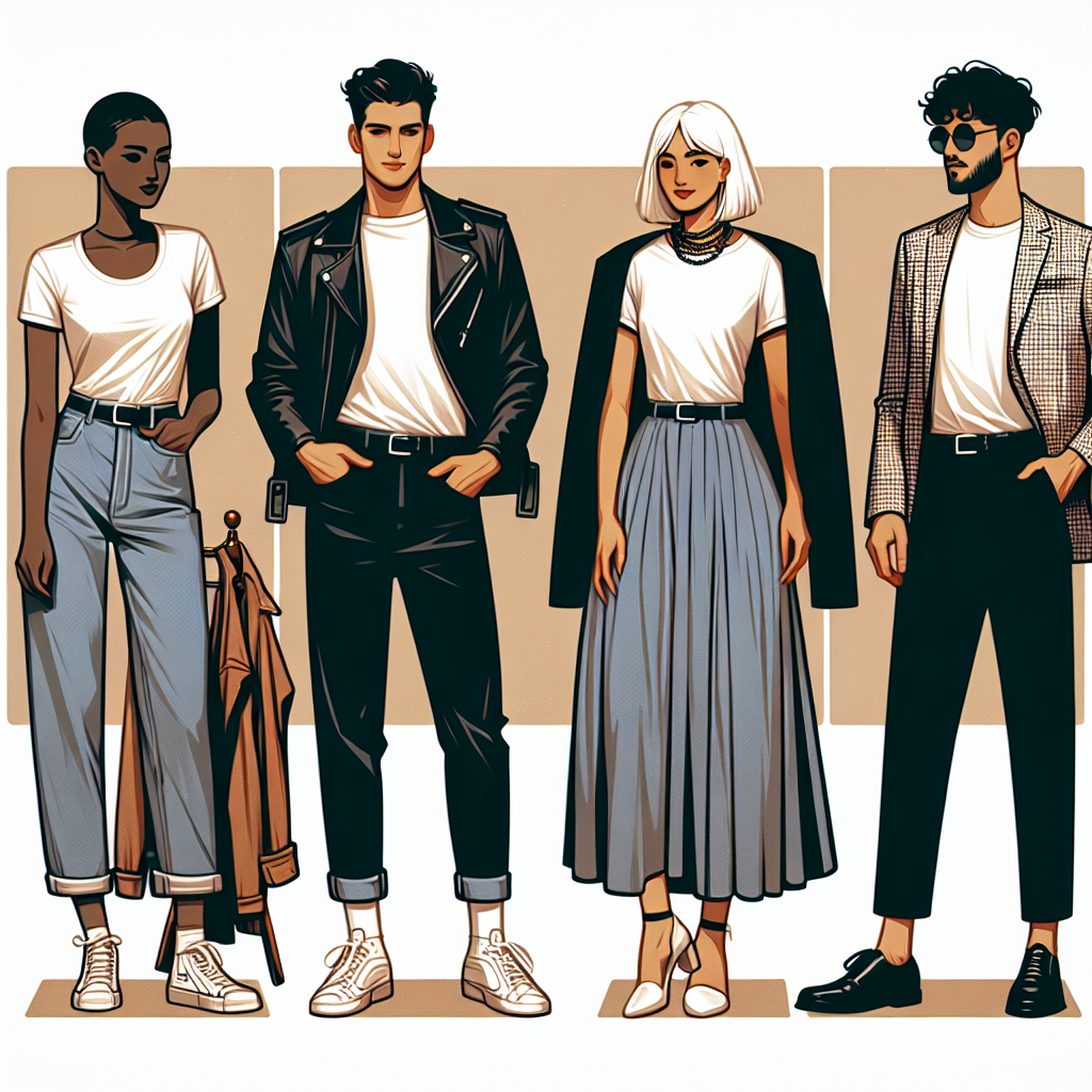 Must-Have Styles to Wear Over a T-Shirt Visually illustrate the top must-have fashion styles to pair with a classic T-shirt. The scene features four individuals wearing T-shirts paired with different outfits. The first person, a Black woman, is wearing her set with high-waisted jeans and a leather jacket. A Caucasian man next to her is flaunting a bold look with his T-shirt, skinny jeans, and a checkered blazer. A third character, a South Asian woman, is pairing her T-shirt with a maxi skirt and a chunky necklace. Finally, a Middle-Eastern man is seen wearing his T-shirt with a pair of tailored trousers and a linen blazer.