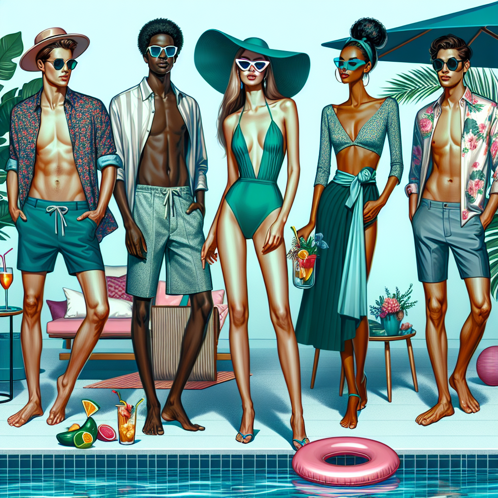 A vibrant scene illustrating the concept of a stylish pool party. The composition includes a group of fashion-forward individuals of diversified descents and genders. A Caucasian woman dons a sea-green bikini, cover-up, wide-brimmed hat and sunglasses, whilst an African-American man is wearing swim trunks and a floral shirt. A Middle-Eastern woman is in a fashionable one-piece swimsuit with a sarong, and an Asian man in sleek board shorts and a cool tank top. They are gathered in a beautifully decorated pool area with tropical plants, pool floats, and a refreshment table filled with summer drinks.