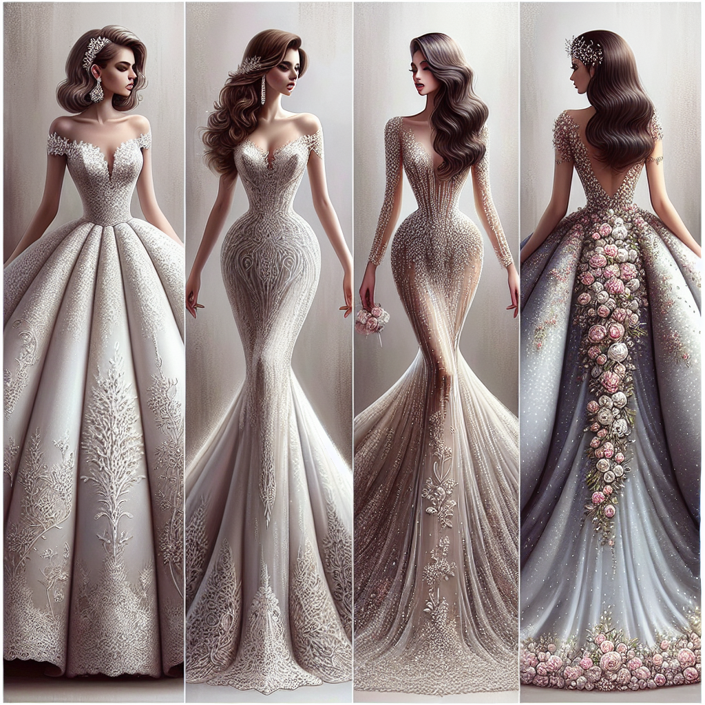 Stunning Dresses for Formal Weddings: Find Your Perfect Fit Imagine an array of stunning formal wedding dresses. The first is a grand ball gown with intricate lace detailing and a long, sweeping train, perfect for a Caucasian bride. The second is an elegant mermaid dress, adorned with delicate beadwork that glistens in the light, designed to beautifully accentuate a Middle-Eastern bride's silhouette. On the end, we see a unique A-line dress with floral appliques softly cascading down the skirt, ideal for an Asian bride. All the dresses have been carefully crafted to bring out the beauty of each bride, helping them find their perfect fit for their special day.