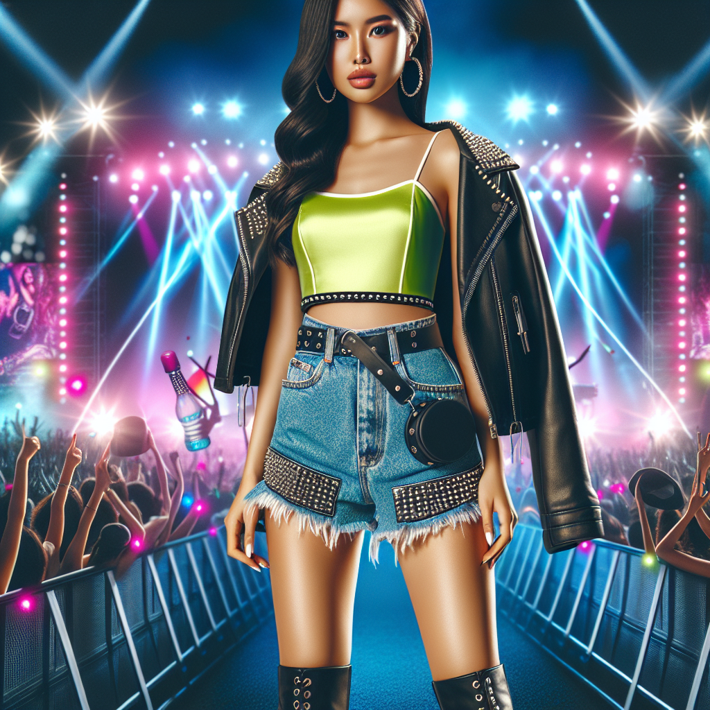 Must-Have Looks for Charli XCX Concerts Create a vibrant and trendsetting scene of a concert-goer ready for an electronic pop music concert. Depict a South Asian woman in her mid-20s dressed up for a night at a concert. She should be wearing contemporary, edgy clothes – a neon crop top, high-waisted denim shorts, studded boots, and a black leather jacket. The background should be filled with bright concert lights, a colorful crowd of fans, and music symbols. The focus should be on the expressive and chic style suited for energetic and lively music concerts.