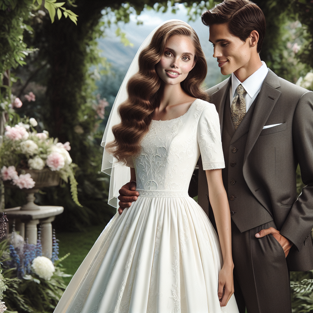 Mormon Wedding Attire: Must-Have, Effortless Looks Imagine a serene wedding scene depicting two people dressed in traditional Mormon wedding attire. The woman is wearing a modest, precisely tailored white wedding dress, replete with delicate lace detailing on the bodice and a lovely train gracefully extending from the back. She is Caucasian, with beautiful soft curls and a radiant smile. The man, of Hispanic descent, sports an elegant three-piece suit in muted charcoal, paired with a crisp white shirt and a subtly patterned tie. They are standing under a floral archway in a lush garden, entranced by the palpable feeling of contentment stemming from their commitment.