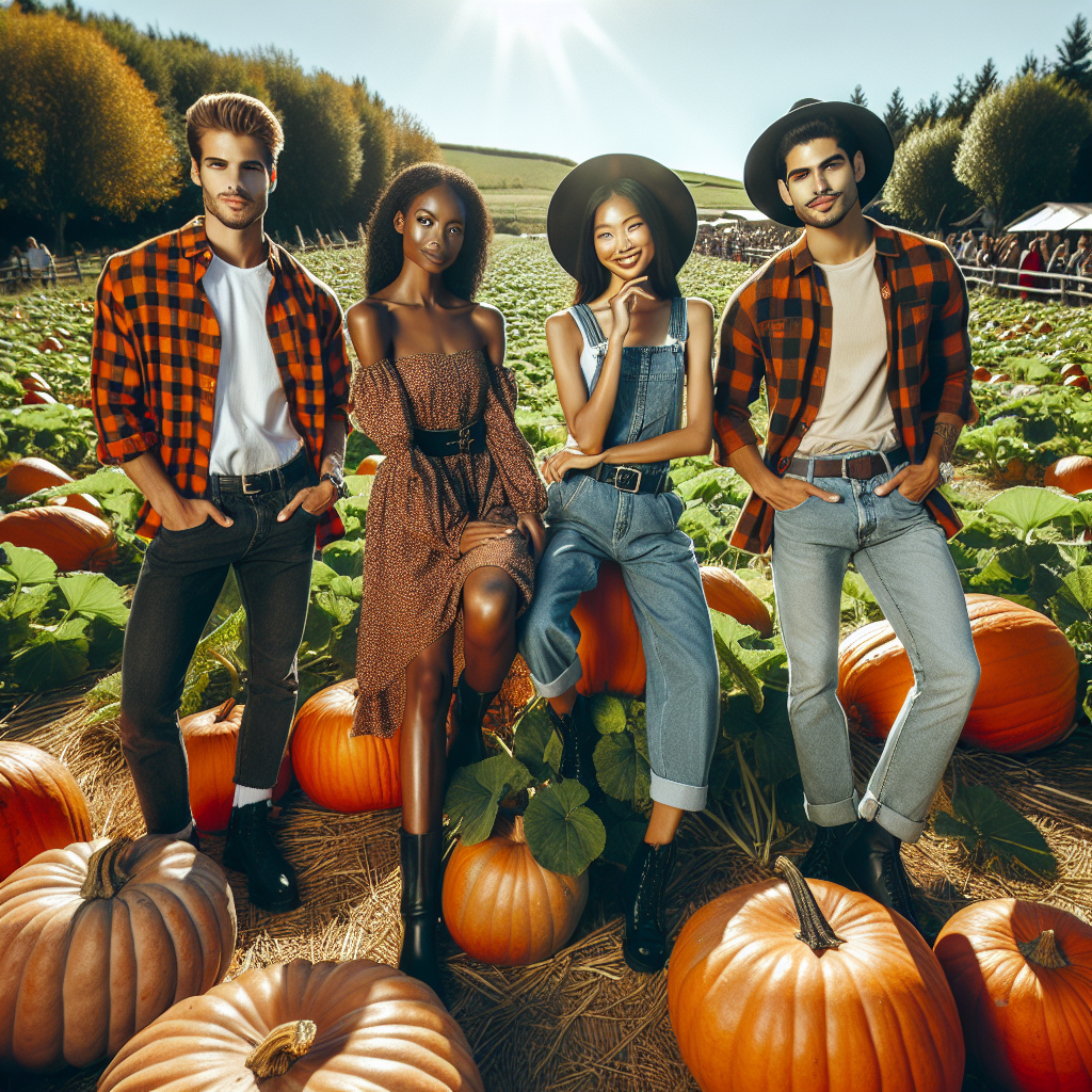Picture a bright, sunny day at a picturesque pumpkin patch. The air is crisp and fresh, the sky is blue, and the vibrant orange pumpkins playfully pop amidst a sea of emerald green leaves. Now, visualize a group of four individuals of varied descents. A confident Middle-Eastern man in stylish autumn clothing, a high-spirited Black woman in a chic sun dress, a cheerful Caucasian female donned in trendy plaid, and a lively South-Asian male in fashionable jeans and a shirts. Each one of them is posing upon the charming pumpkin patch, perfectly illustrating the spirit of fall fashion.