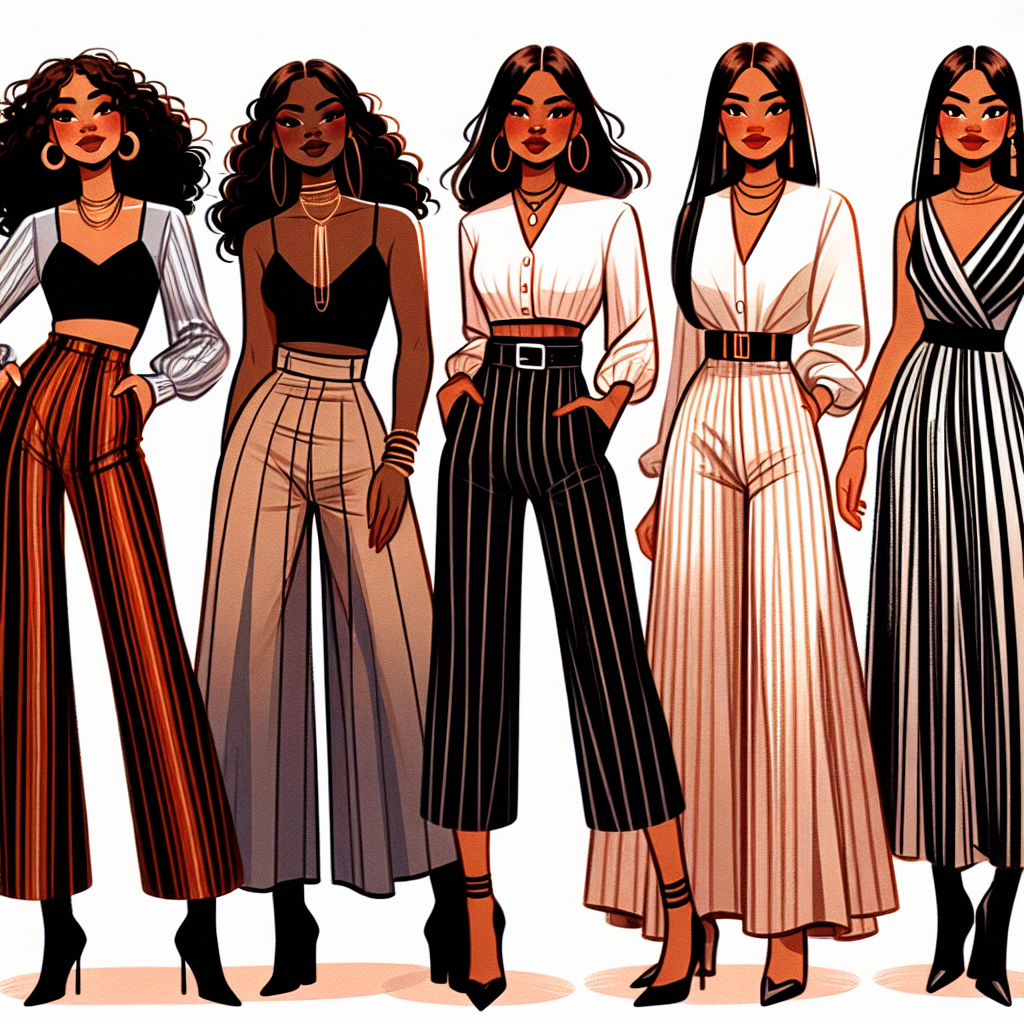 An illustrative composition showcasing five must-have styles for short women looking to elevate their fashion game. Let's visualise a Black woman in a high-waist A-line skirt paired with a crop top, a Middle-Eastern woman flaunting an empire waist dress, a Hispanic woman rocking ankle-length trousers with a tucked-in blouse, a South Asian woman donning a V-neck top with flared pants, and a Caucasian woman wearing a maxi dress with vertical stripes. Their confident expressions and poised attitudes are as essential to their styles as their outfits.