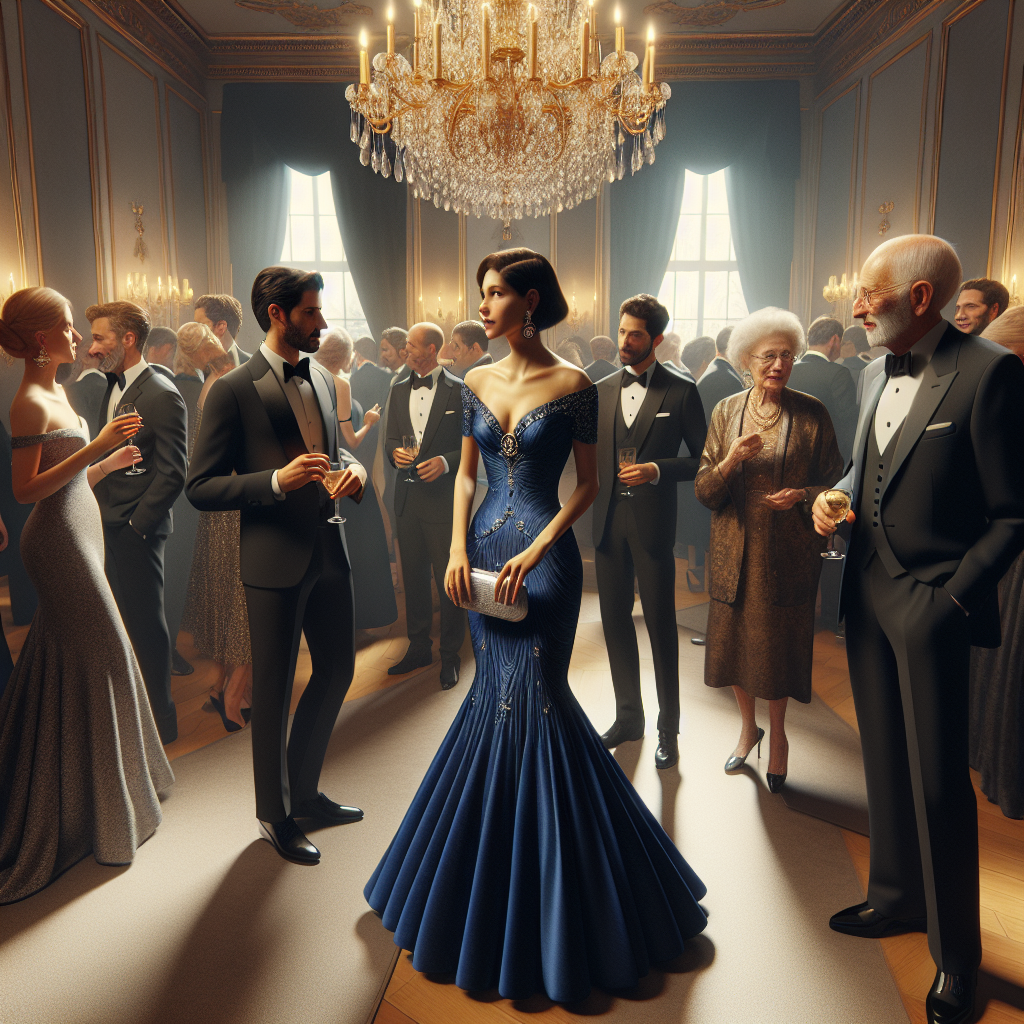 Stunning Recital Guest Outfits: Effortless Elegance Imagine a room bathed in the warm glow of a grand chandelier. It's an evening recital and guests, clad in their best, are pouring in. In the center, there's a middle-aged woman, of South Asian descent, wearing a form-flattering royal blue gown, accessorized with a silver clutch and matching jewelry. A few paces away, a young Hispanic man in a stylish black tuxedo is chatting with an elderly Caucasian man in a traditional three-piece suit. Around them, mingle guests of varying ages, genders, and descents, their outfits reflecting a blend of timeless elegance and contemporary fashion.