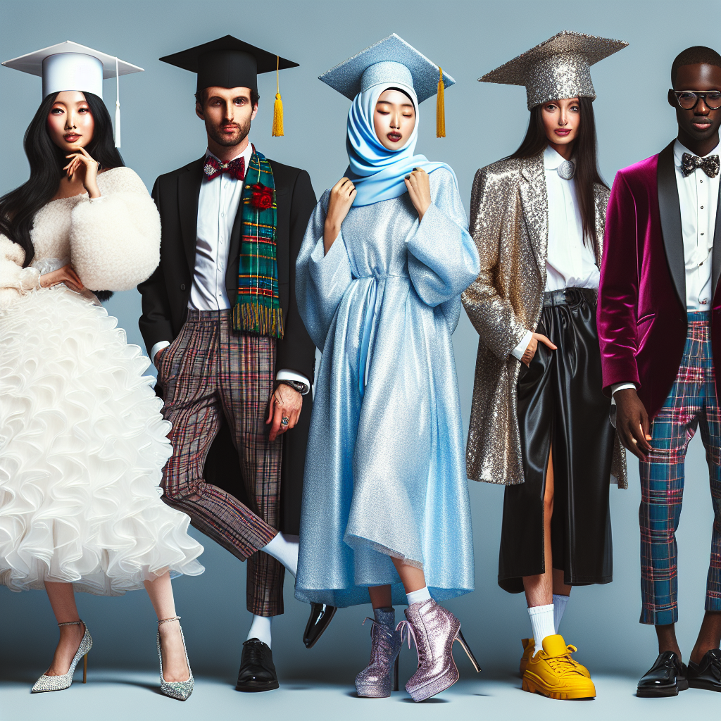 Graduation Party Style: Must-Have Outfit Ideas Aesthetic image concept where you can see a graduation celebration. A mix of different people embracing their unique styles for the occasion. An East Asian woman is wearing a fashionable, white, voluminous graduation gown and a hat with a tassel, paired with shiny, black stiletto heels. To her right, a Caucasian man in a traditional dark suit, replacing the tie with a tartan bowtie, and getting funky with bright yellow sneakers. Next is a Middle-Eastern woman who has mixed her sky-blue gown with a glittering silver hijab and matching sneakers. Lastly, a Black man wearing a burgundy velvety blazer over his graduation robe and a pair of black loafers.