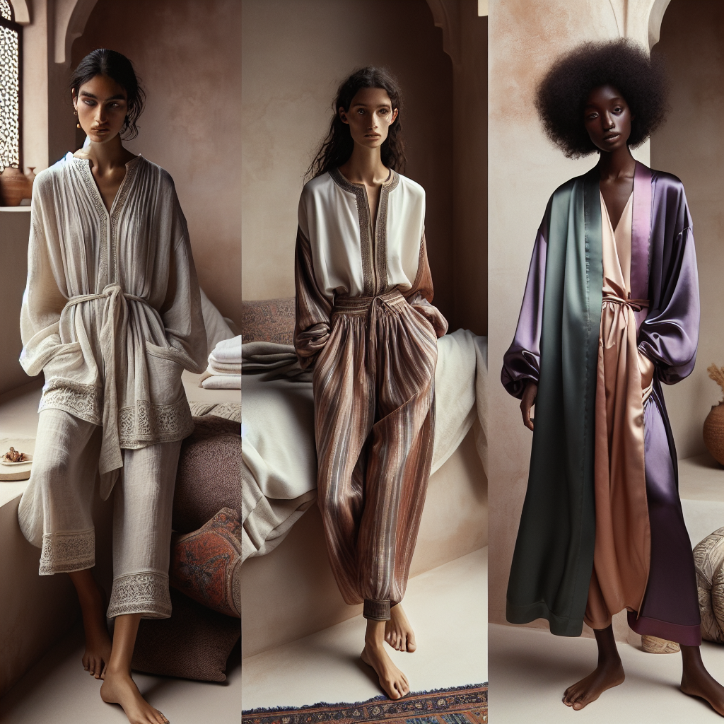 Spa Style Guide: Effortless, Chic Outfits for Relaxation Imagine the inner sanctum of a luxury spa. The air is filled with tranquil calming scents and soft music. To match this elegant setting, visualize a few chic and effortless outfits perfect for relaxation. One, a loose linen tunic on a Middle-Eastern woman, designed in soft pastel shades, that exemplifies a relaxed yet stylish mood. Two, a Caucasian man wearing lightweight, cotton loungewear in earthy tones, embodying the essence of tranquillity. Three, a Black woman wearing a silky satin robe in jewel tones, reflecting laid-back luxury. Each style should evoke calm, comfort, and casual sophistication.