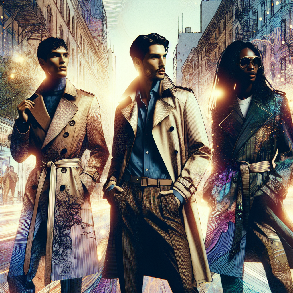 Trench Coat Magic: Must-Have Styles to Shine! Imagine a dynamic street fashion scene showcasing three individuals of diverse descents like Caucasian, Middle-Eastern, and South Asian. They each are wearing different styles of trench coats - a classic double-breasted one, a modern deconstructed version, and a bold printed design. The artful shimmer of the fabric speaks to the magical, transformative power of fashion. High-quality tailoring is evident, with details such as lapels, belts, and buttons carefully depicted. The backdrop is a bustling city street lit by the soft glow of a setting sun, adding an artistic touch to the scene. Make the scene vibrant and chic, focusing on the individual styles of the trench coats to encapsively portray 'Trench Coat Magic'.