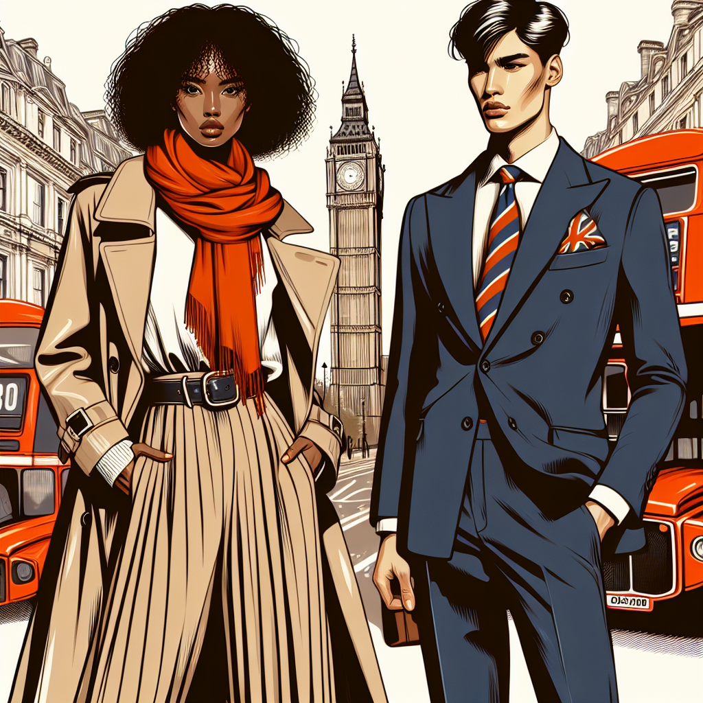 Must-Have Styles for London Shows: Effortless & Chic Design an image that represents essential fashion styles for London shows, with a focus on effortless and chic aesthetics. The image should contain two fashionable people: a Black woman wearing a trendy beige trench coat, high-waisted pleated trousers, and a vibrant orange scarf, and a South Asian man clad in a well-fitted, crisp navy suit paired with a loose striped tie. They stand against a backdrop of recognizable London scenery such as a stylish red double-decker bus or an iconic telephone booth.