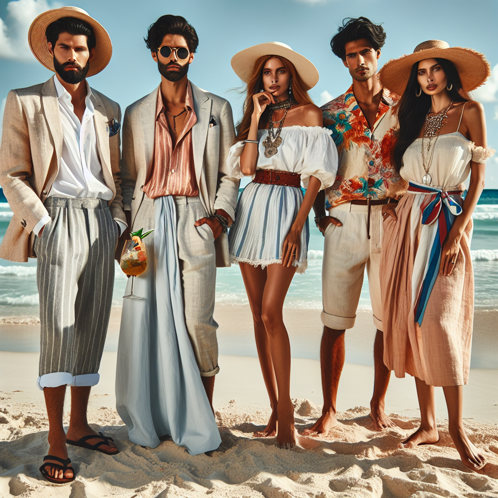 Stunning Beach Outfits for Graduation Guests: Effortless Style A stylish and diverse group of people at a beach graduation party, dressed in various fabulous outfits. The group consists of a Middle-Eastern man clad in a light linen suit with sandals, a Hispanic woman in a breezy maxi dress and wide-brimmed sunhat, a South Asian man sporting a colourful Hawaiian shirt and shorts, and a Caucasian woman elegantly dressed in a cotton sundress paired with a statement necklace. There's a touch of a festive atmosphere, with ocean waves gently playing in the background under a sunny sky.