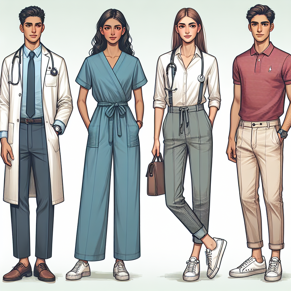 Must-Have Styles for Doctors at Casual Fundraisers Create an image that displays an assortment of casual outfits apt for medical professionals at a fundraising event. Show two females and two males. One of the females should be Hispanic and wearing a smart-casual blouse and trousers. The other female, who is Middle-Eastern, should be seen in a tasteful jumpsuit. The first male should be Caucasian and depicted in a relaxed blazer and jeans combo. The other male, who is South Asian, should be portrayed in a trendy polo shirt and chinos. Their attire should reflect elements of professionalism and comfort while suggesting a laid-back social setting.