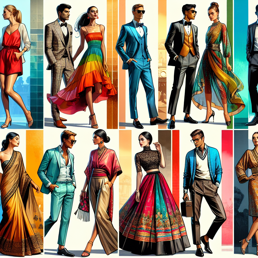 A dynamic collage showcasing diverse ensembles appropriate for a chic retirement party. Visualize a luxurious spectrum of attire, such as a refined, colorful sundress worn by a Caucasian woman, a polished, classic suit on a Middle-Eastern man, a graceful, vibrant sari draped on a South Asian woman, a stylishly cut, contemporary tuxedo worn by a black man, a traditional, beautifully embroidered hanbok modeled by a East Asian woman, and a casual, modern polo and slacks combo that a Hispanic man is sporting. Consider different types of accessories, shoes, and color palettes that reflect a relaxed yet chic aesthetic.