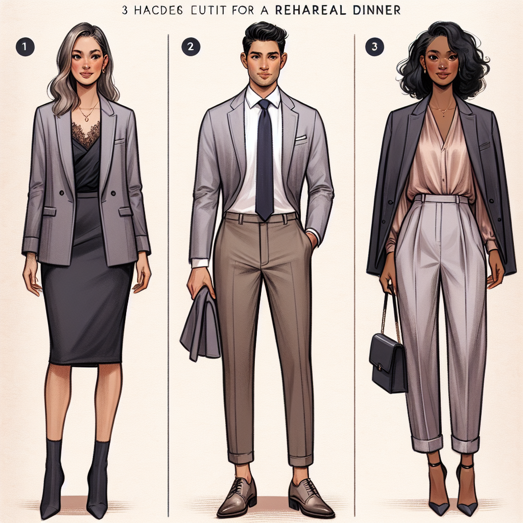 Must-Have Outfits for a Rehearsal Dinner with a Grey Blazer Imagine an article showcasing three must-have outfits ideal for a rehearsal dinner. The common element in each outfit is a stylish grey blazer. Show this versatility with differences in other clothing items, accessories, and colours. In the first outfit, a Caucasian woman adorns the grey blazer with a sleek black dress and heeled boots. The second outfit shows a Hispanic man pairing the blazer with a crisp white shirt, navy blue tie, and khaki trousers. The third outfit depicts a Black woman elegantly coupling the grey blazer with a silken mauve blouse and high-waisted charcoal trousers.
