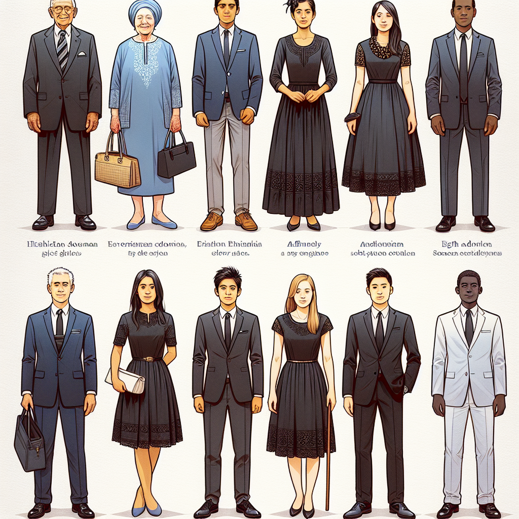 Dress Code Mastery: Stunning Outfits for Jehovah Witness Funerals An insightful infographic that illustrates the various considerations for a Jehovah's Witness funeral dress code. Picture seven individuals standing side by side, each exhibiting a different aspect of appropriate attire. The first person, an Elderly Hispanic man, should be wearing a classic, dark suit with a white shirt. Next to him, a young South Asian woman sporting a modest, black dress and a soft-spoken headgear. The third person, a Middle-Eastern male teenager, has chosen a navy blue suit and black shoes. An African woman, next up, presents herself in simple, unadorned black wear with a modest neckline. A youthful, East Asian man dons a crisp, charcoal-grey suit. The sixth, a Caucasian woman of middle-age, is clad in a black and free-flowing outfit with no bright accessories. Lastly, a child of Indigenous descent, dressed in a neat dark suit with a white shirt. All outfits follow the guideline of modesty, simplicity, and respectfulness central to Jehovah's Witness tenets.