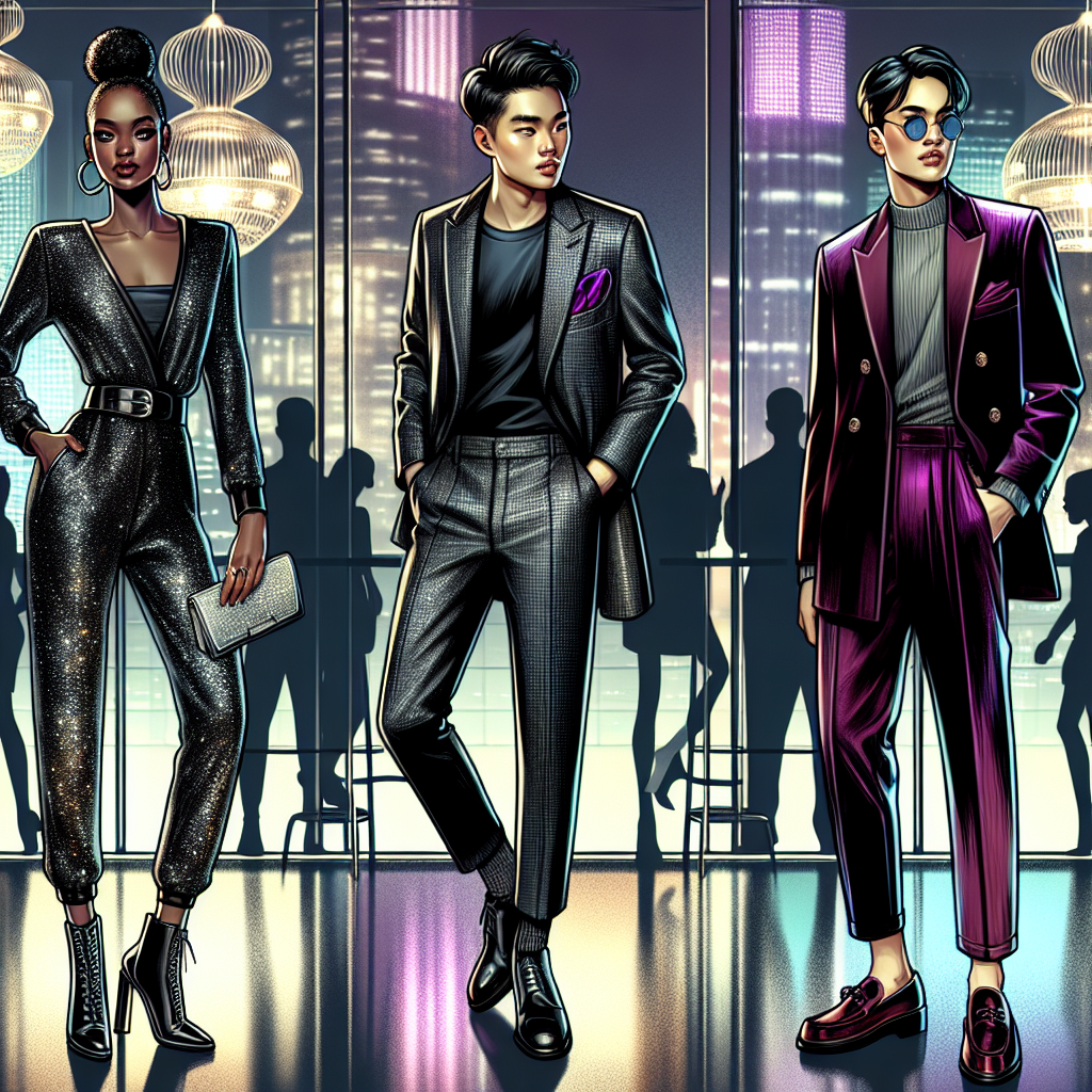 Must-Have Looks for Club Nights: Effortless & Chic Imagine a bustling scene of a modern city club at night, showcasing three central figures portraying different 'must-have' club night attires for an effortless and chic style. First, depict a Black woman in a sleek, glittery jumpsuit paired with high-heel boots and a silver clutch bag. Secondly, illustrate an Asian man in a stylish, charcoal-colored suit with a magenta silk pocket square. Lastly, show a Middle-Eastern non-binary person confidently wearing a velvet high-waist pantsuit and burgundy loafers. The background is a mix of neon lights reflecting on glass surfaces and trendy, upbeat club-goers enjoying the night.