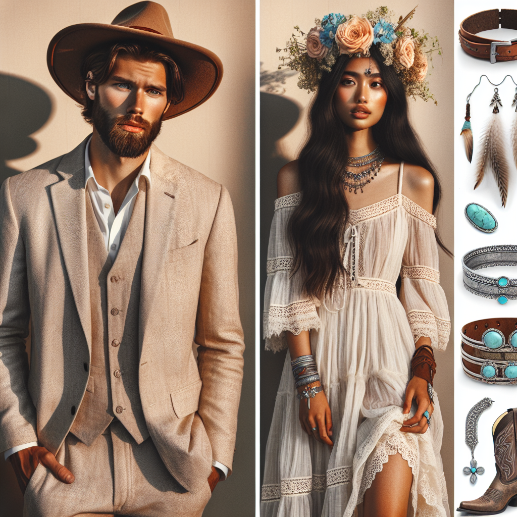 Must-Have Looks for a Nashville Wedding: Effortless Style Create a collage showcasing must-have fashion looks for a Nashville-style wedding. Highlight laid-back yet chic attire. In the first frame, show a dapper male in a light linen suit, a felt cowboy hat, and brown leather boots. He is Caucasian with a beard. In the second frame, display a South Asian woman wearing a flowy Boho-inspired dress, adorned with delicate lace details and a flower crown. Lastly, show mixed accessories such as leather cuff bracelets, turquoise jewelry, and weathered cowboy boots.