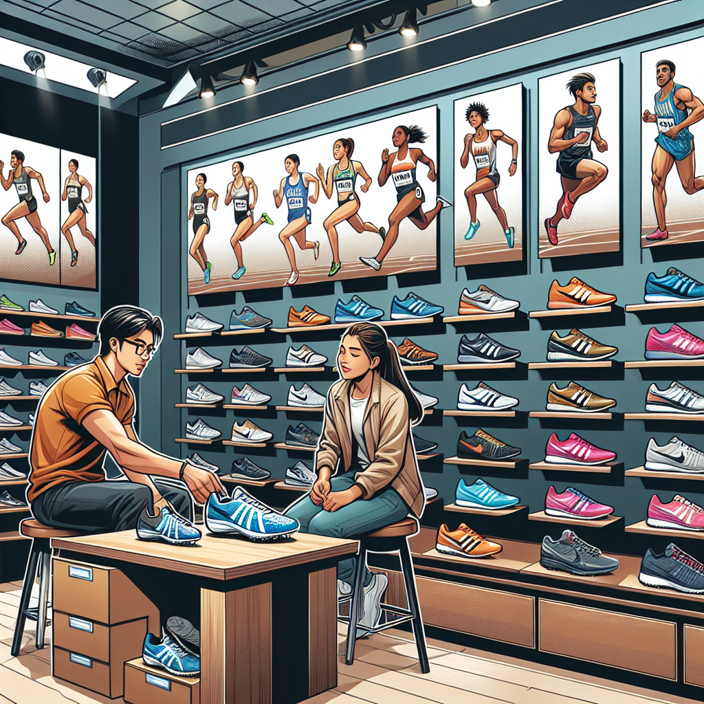 Illustrate a detailed scene of an athletic store's shoe section that primarily specializes in track and field footwear. It's complete with various types of well-designed shoes displayed prominently on shelves for customers. There are spiked shoes for sprinting, distance models for long runs, and trail options for off-road paths. Also, an athletic South Asian male professional advisor is helping a Middle-Eastern female customer select an appropriate pair considering her requirements and preferences. The shop has a fitting area where the customers try on shoes for size comfort, and the walls are adorned with posters showing athletes of different descents in action on the track.