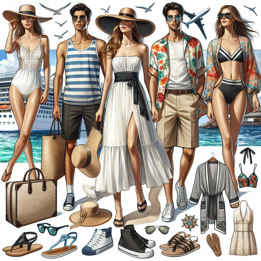 Discover Must-Have Outfits for Your Next Cruise A fashion collage showcasing several must-have outfits for a cruise. The array should include clothing and accessories suitable for various on-board activities and excursions—prominently, a white, nautical-inspired sundress for a Caucasian woman, a colorful floral shirt paired with khaki shorts for a Hispanic man, a sleek black swimsuit for a Middle-Eastern woman, and a patterned beach robe for a South Asian man. Different styles of hats, sunglasses, and sandals suitable for warm weather should be included. Also, illustrate the cruise ship setting as a background to give context.
