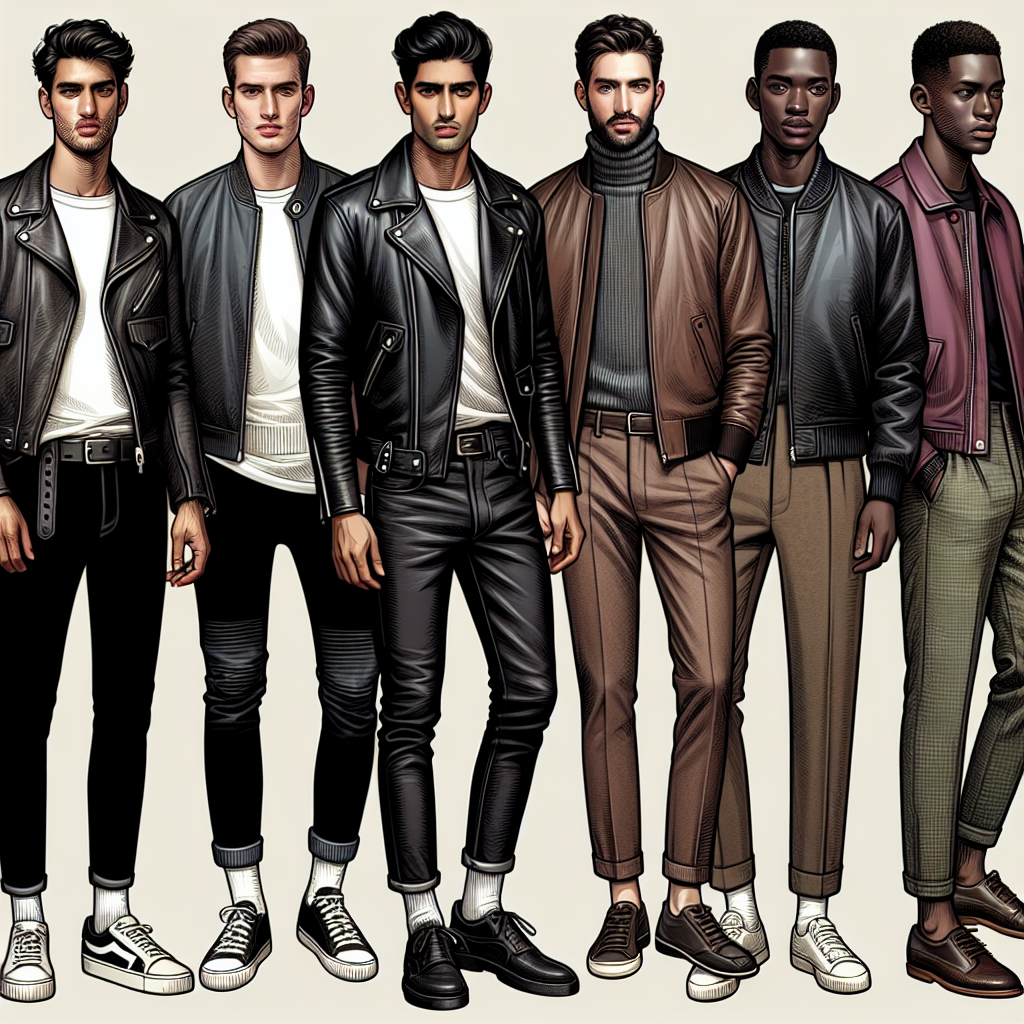 Dress to Impress: What to Wear with a Leather Jacket for Guys Create a detailed image of a trendy street scene where diverse group of men are showcasing different styles of leather jackets. Include a man in his 30s of Middle-Eastern descent wearing a black biker leather jacket paired with a white crew neck t-shirt, black skinny jeans, and white sneakers. Display a South Asian man in his late 20s wearing a brown bomber leather jacket paired with dark blue jeans, a grey turtleneck sweater, and brown suede boots. Lastly, portray a black man in his mid-40s wearing a classic style leather jacket in deep burgundy, paired with a black button-down shirt, khaki chinos, and black formal shoes.