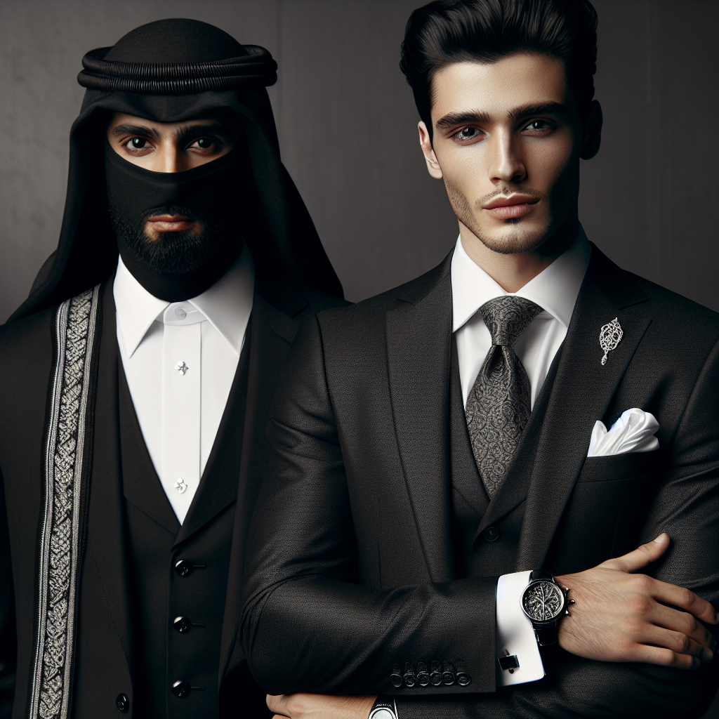 Men's Funeral Attire: Elegant, Respectful Choices Visualize a scene in which two professional male figures of Middle-Eastern and Hispanic descent, respectively, are tastefully dressed in traditional funeral attire. One is sporting a black, perfectly tailored suit paired with a crisp, white shirt, black tie and gleaming cufflinks for a touch of sophistication. The other man is wearing a polished charcoal grey three-piece suit, white pocket square, and a subdued patterned tie, the perfect balance between elegant and respectful. Both are looking solemn, embodying the respectful ambiance of a funeral.