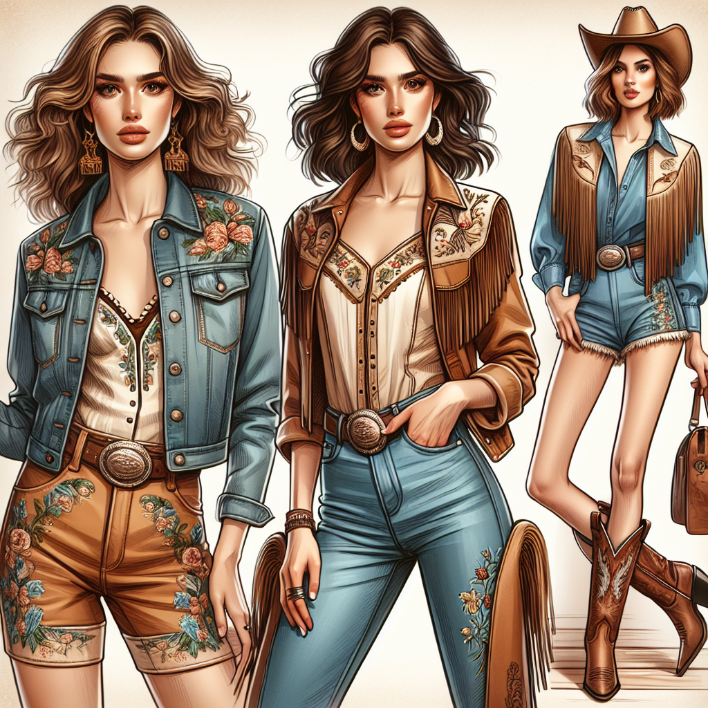 Must-Have Rodeo Girl Outfits: Effortless Style Guide Create a visually-stunning image of a trendy style guide for rodeo girl outfits. Depiction should include a Caucasian woman with wavy hair, dressed in a finely embroidered denim jacket paired with matching boot-cut jeans. To complement the outfit, she has a cowgirl hat and brown leather cowboy boots. In the background, include a Hispanic woman styled with a fringed suede vest, denim shorts, and knee-high cowboy boots. Both women showcase individual style and confidence with flair. The image should be as vibrant as a rodeo night, capturing the essence of effortless charm and modern cowgirl fashion.
