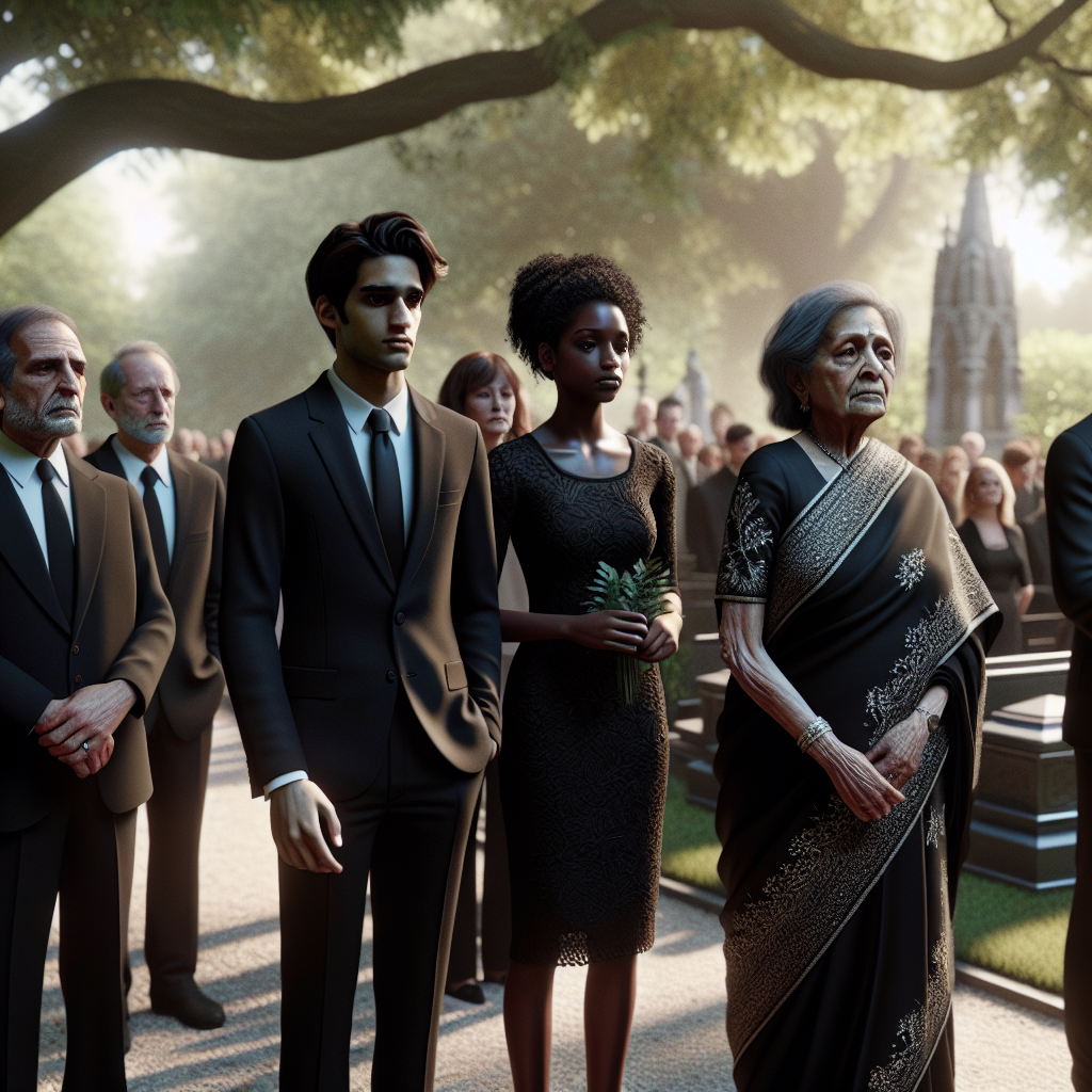 Imagine a highly detailed scene showing diverse people at a funeral. Focus on their outfits: a middle-aged Middle-Eastern man wearing a classic dark suit with tie; a young Black woman dressed in a tasteful black dress with a simple necklace; a South Asian elderly woman in a formal, black saree embroided with delicate silver threads; a Caucasian teenage boy in a button-down black shirt and dark trousers. The setting is a tranquil, outdoor cemetery with trees overhead casting dappled shadows on the mourners.