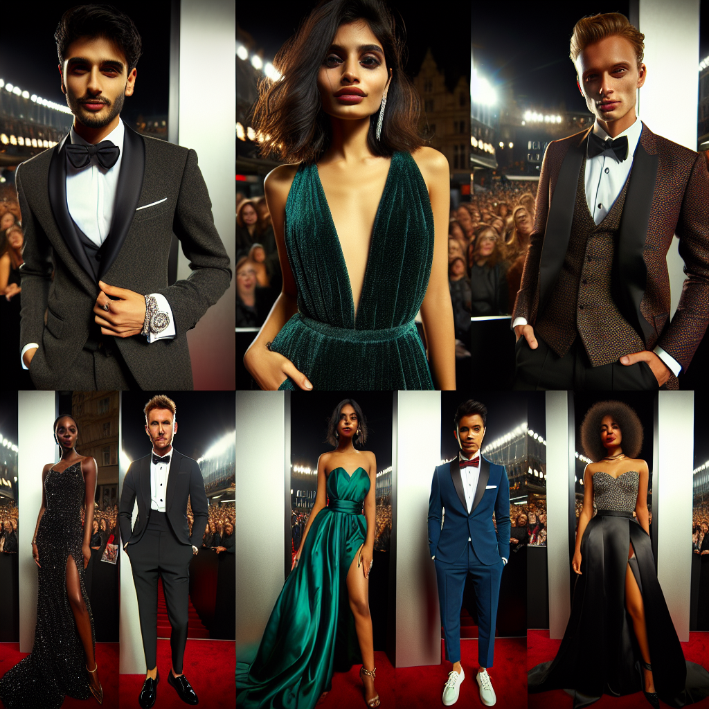 Stunning Outfits for a Movie Premiere: Dress Like a Star! Envision a star-studded movie premiere night. A diverse group of individuals proudly displaying their stunning outfits. A Middle Eastern man, dressed in a dapper, tailored tuxedo, a glimmering diamond cuff-link catching the camera lights. A South Asian woman, showcasing a dazzling, emerald green gown flowing gracefully with every step she takes. A black woman, capturing attention with her vibrant, ruby red jumpsuit, contrasting with her golden accessories. An East Asian man, wearing a sharp, monochrome suit paired with onyx and white deck shoes. Finally, a Caucasian man displaying a mesmerising, ultramarine blue velvet tuxedo, accompanied by a stunning bow tie.