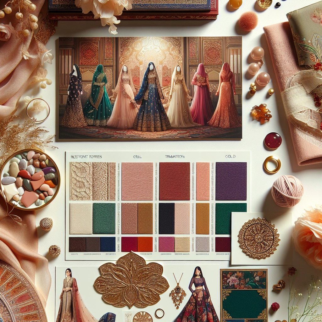 Must-Wear Colors for a Stunning Wedding Look With radiant textures and gentle lighting, create an inspirational mood board showcasing a selection of 'must-wear' colors for a stunning wedding look. The board should include elegant swatches of soft pastel shades like blushes and creams, tradition-rich hues like crimson and gold, deep and romantic colors like burgundy and navy blue, and vibrant colors like emerald green. Also include illustrations of accessories and clothing samples in these colors. Remember, the aim is to highlight the variety of shades that can elevate an individual's style, embrace cultural diversity, and capture the magic of nuptial celebrations.